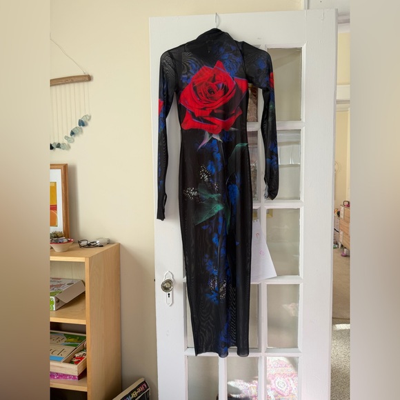AFRM Shailene Dress in Realism Rose Sheer Black Dress with Rose Detail Size XS - Picture 5 of 6